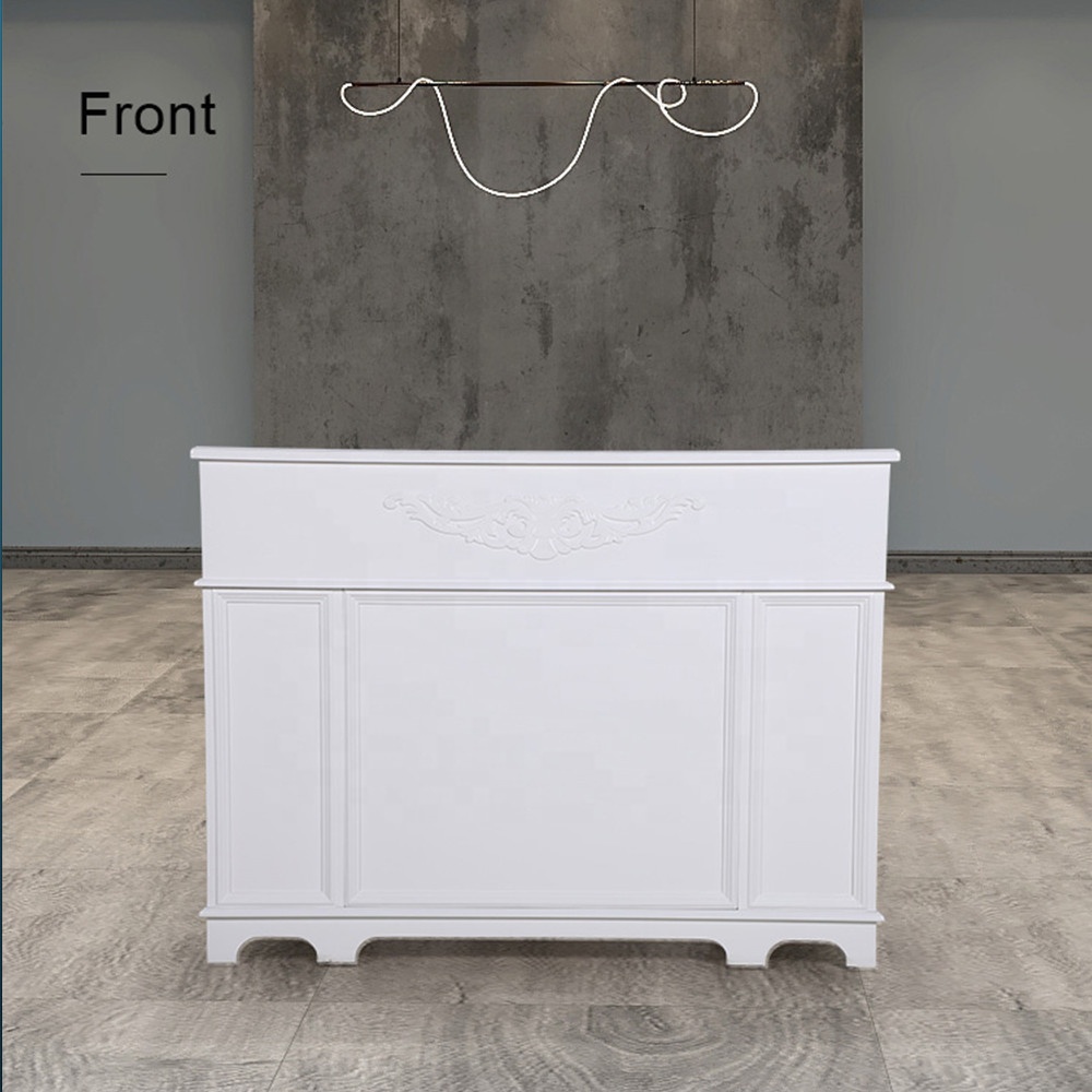 Muebles de salón de belleza de lujo moderno Mesa de mostrador de recepción frontal blanca de alto brillo de madera